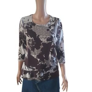 Chico's Size 0 (Small 4) Ruffle Front Brown Floral Blouse Top 2/3 Sleeves